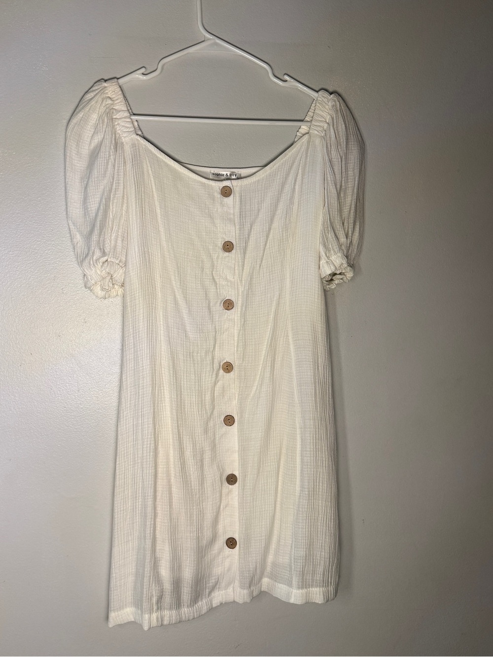 White Button-Front Puff Sleeve Mini Dress